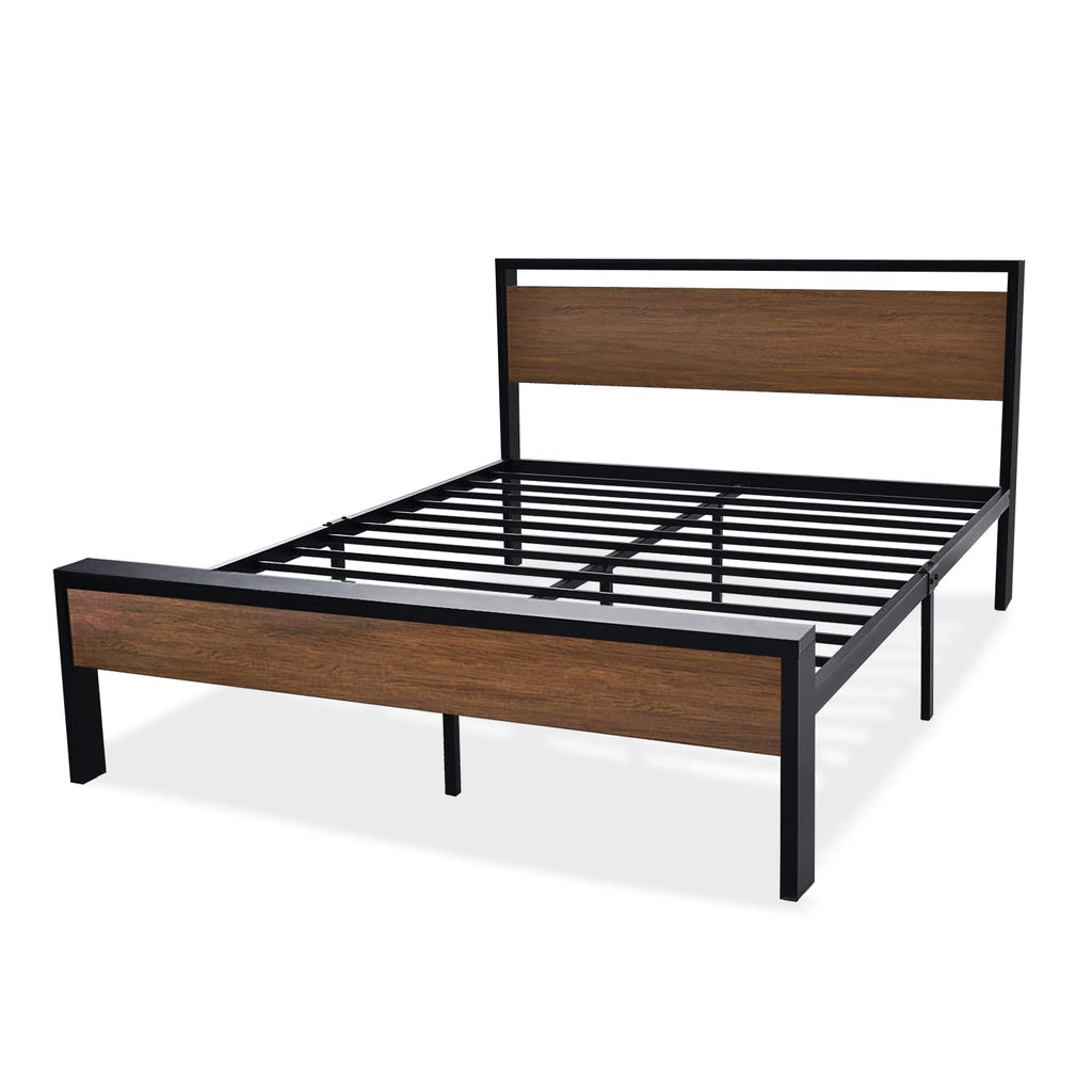 SHA CERLIN 14 Inch Queen Size Metal Platform Bed Frame with Wooden Headboard and Footboard, Mattress Foundation, No Box Spring Needed, Large Under Bed Storage, Non-Slip Without Noise, Mahogany