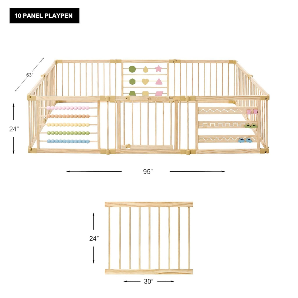ZETY Natural Wood Baby Playpen, 10 Panel Foldable Play Yard, Door & Toys