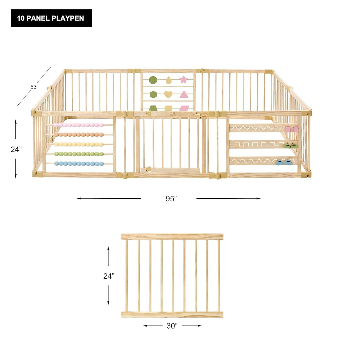 ZETY Natural Wood Baby Playpen, 10 Panel Foldable Play Yard, Door & Toys