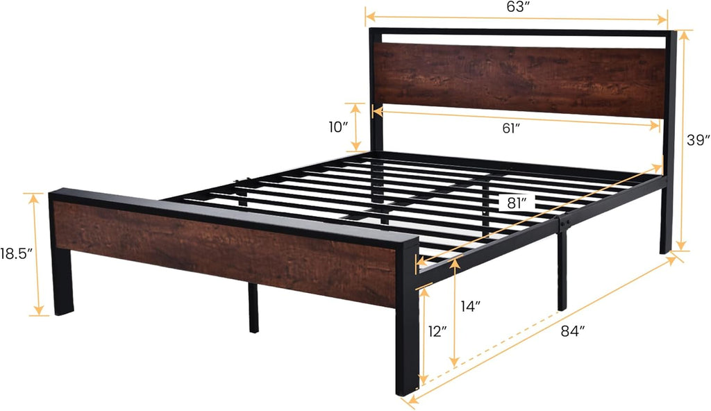 SHA CERLIN 14 Inch Queen Size Metal Platform Bed Frame with Wooden Headboard and Footboard, Mattress Foundation, No Box Spring Needed, Large Under Bed Storage, Non-Slip Without Noise, Mahogany