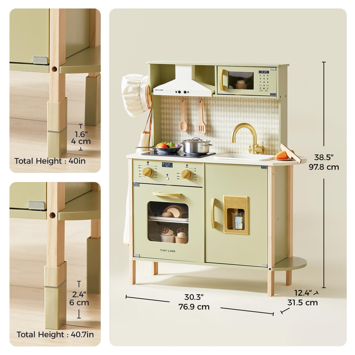 Tiny Land Play Kitchen for Kids – Real Lights, Sounds & Adjustable Height