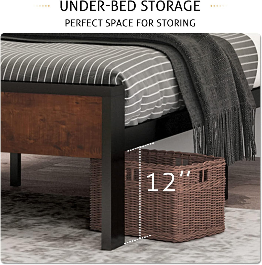 SHA CERLIN 14 Inch Queen Size Metal Platform Bed Frame with Wooden Headboard and Footboard, Mattress Foundation, No Box Spring Needed, Large Under Bed Storage, Non-Slip Without Noise, Mahogany
