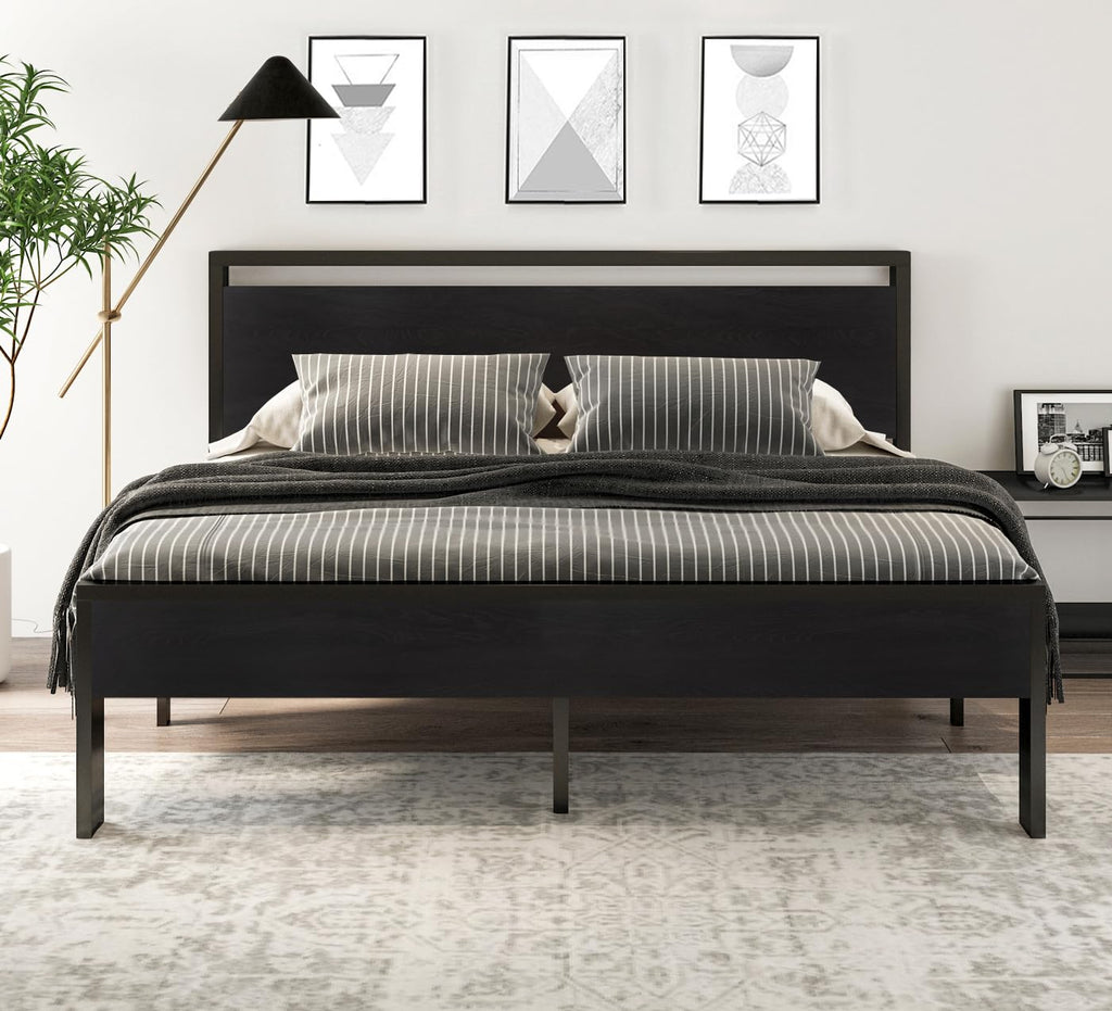 SHA CERLIN 14 Inch Queen Size Metal Platform Bed Frame with Wooden Headboard and Footboard, Mattress Foundation, No Box Spring Needed, Large Under Bed Storage, Non-Slip Without Noise, Mahogany