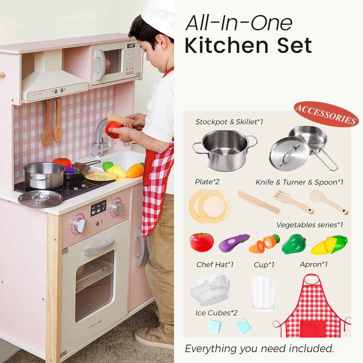 Tiny Land Play Kitchen for Kids – Real Lights, Sounds & Adjustable Height