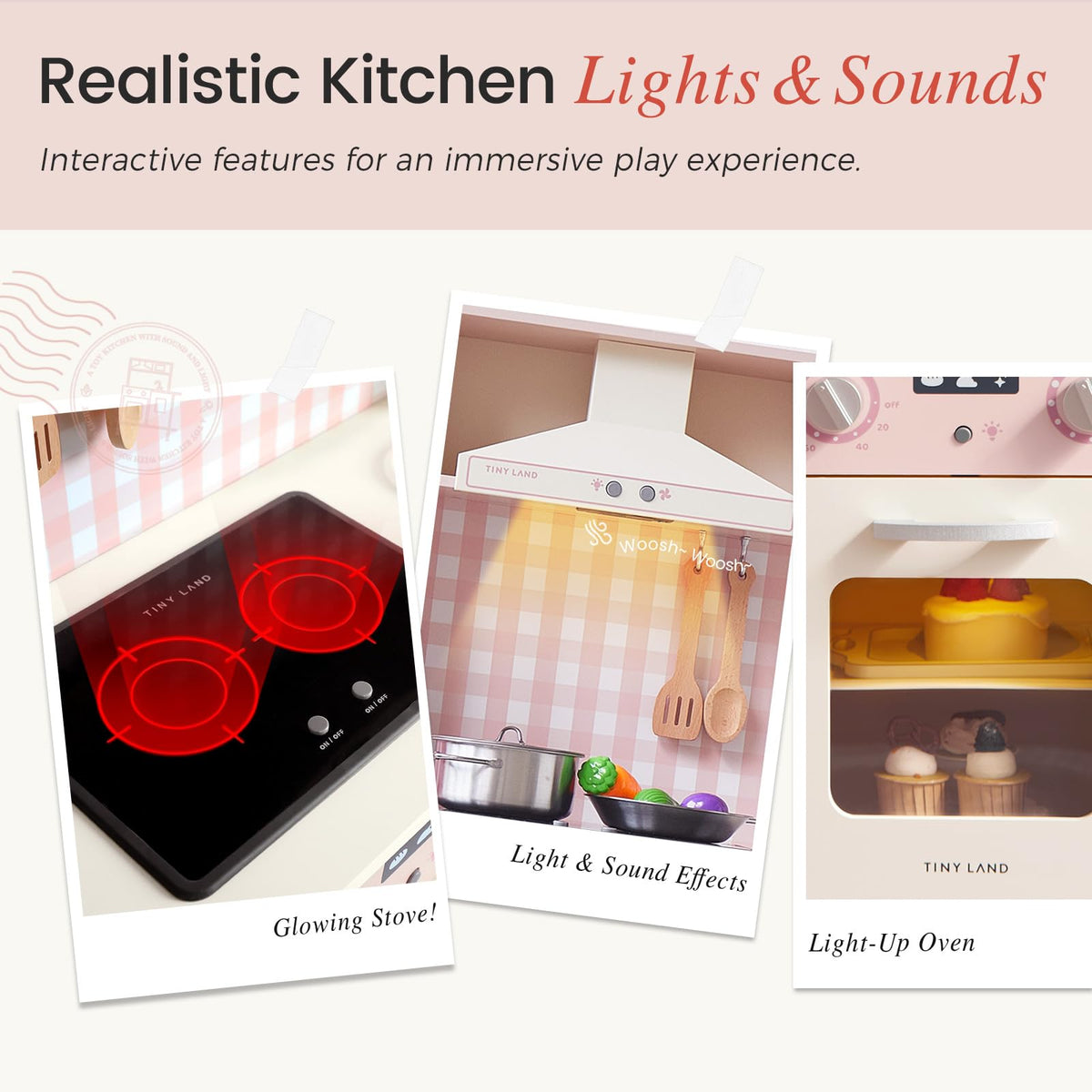 Tiny Land Play Kitchen for Kids – Real Lights, Sounds & Adjustable Height