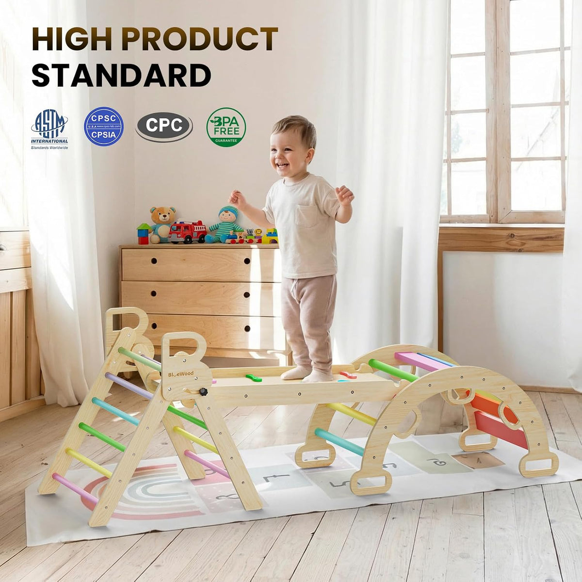 BlueWood Pikler Triangle Set with Safe Handle, Climbing Toys for 1-3 Year
