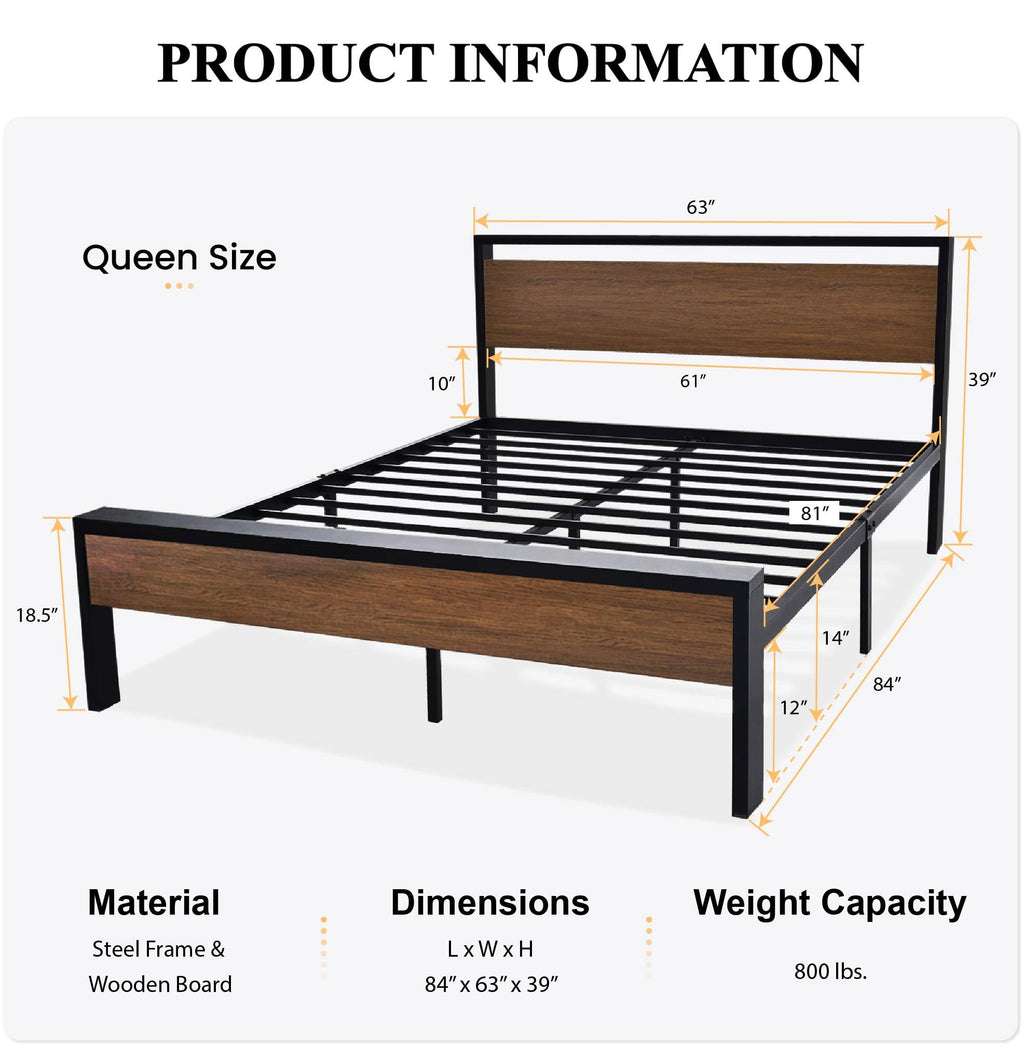 SHA CERLIN 14 Inch Queen Size Metal Platform Bed Frame with Wooden Headboard and Footboard, Mattress Foundation, No Box Spring Needed, Large Under Bed Storage, Non-Slip Without Noise, Mahogany