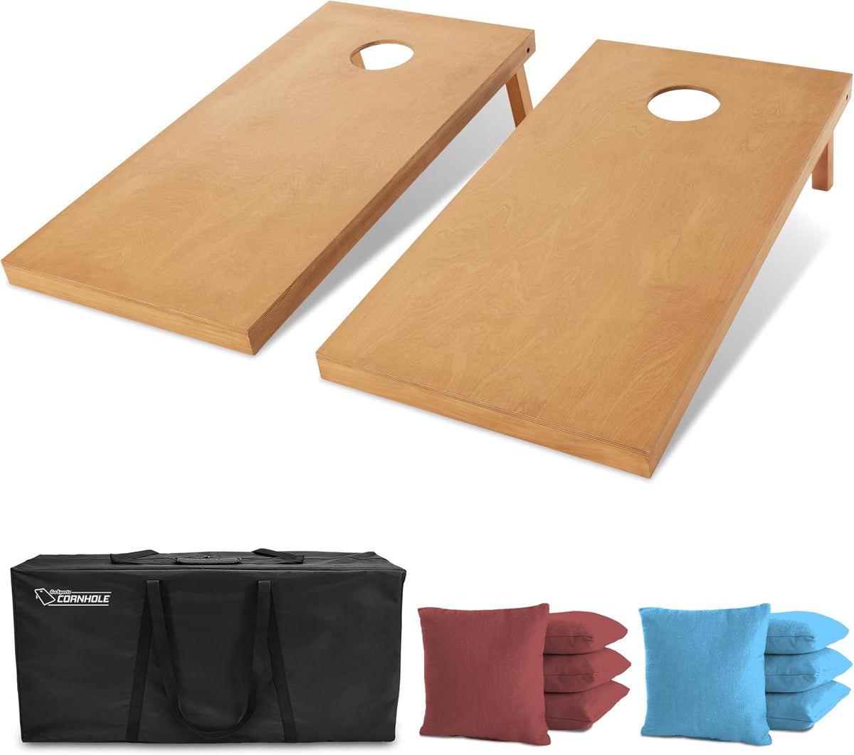 GoSports 4 ft x 2 ft Regulation Size Wooden Cornhole Boards Set with Light Brown Finish - Includes Carrying Case (Choose Your Colors)