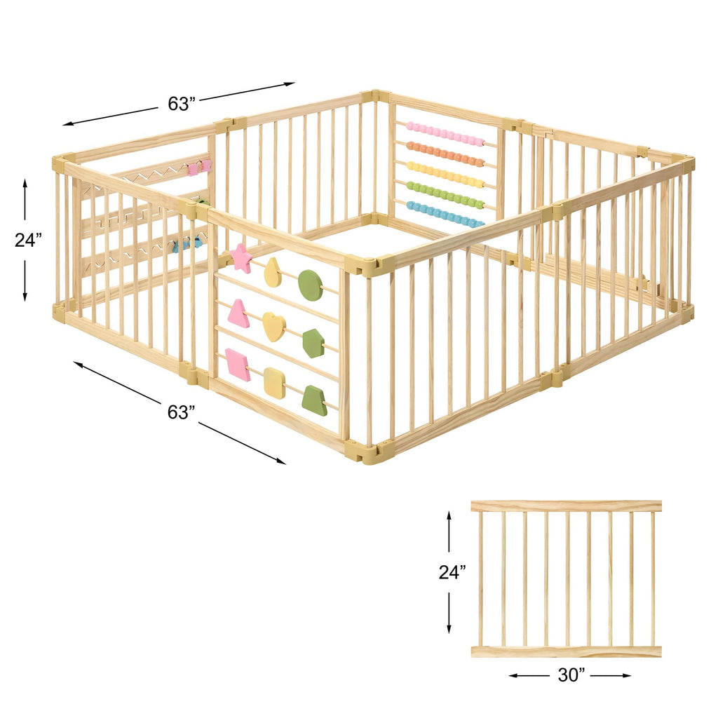 ZETY Natural Wood Baby Playpen, 10 Panel Foldable Play Yard, Door & Toys