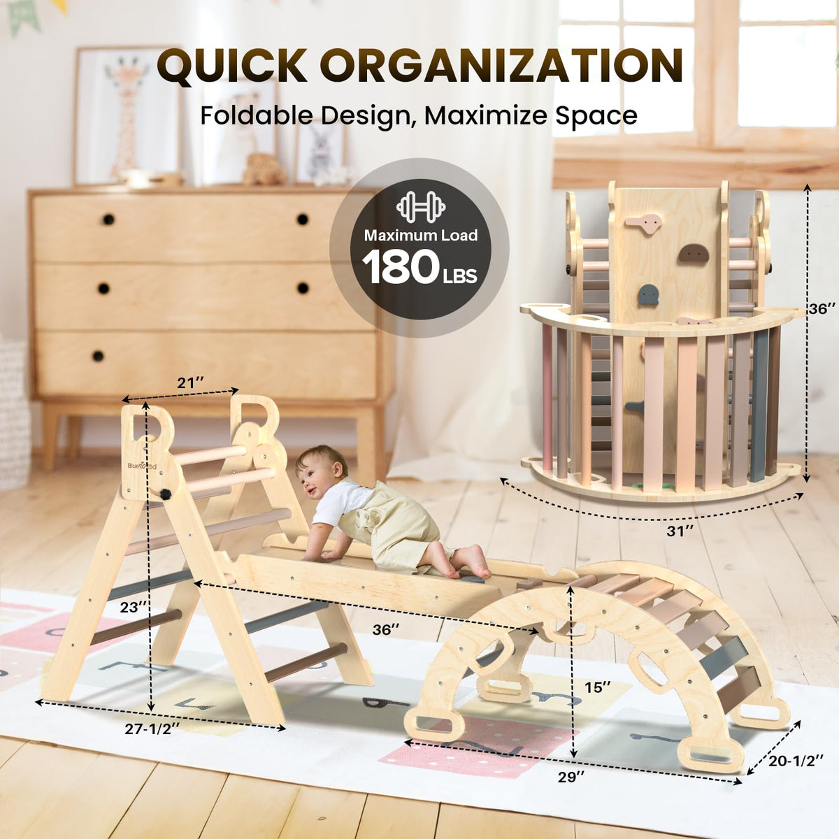 BlueWood Pikler Triangle Set with Safe Handle, Climbing Toys for 1-3 Year