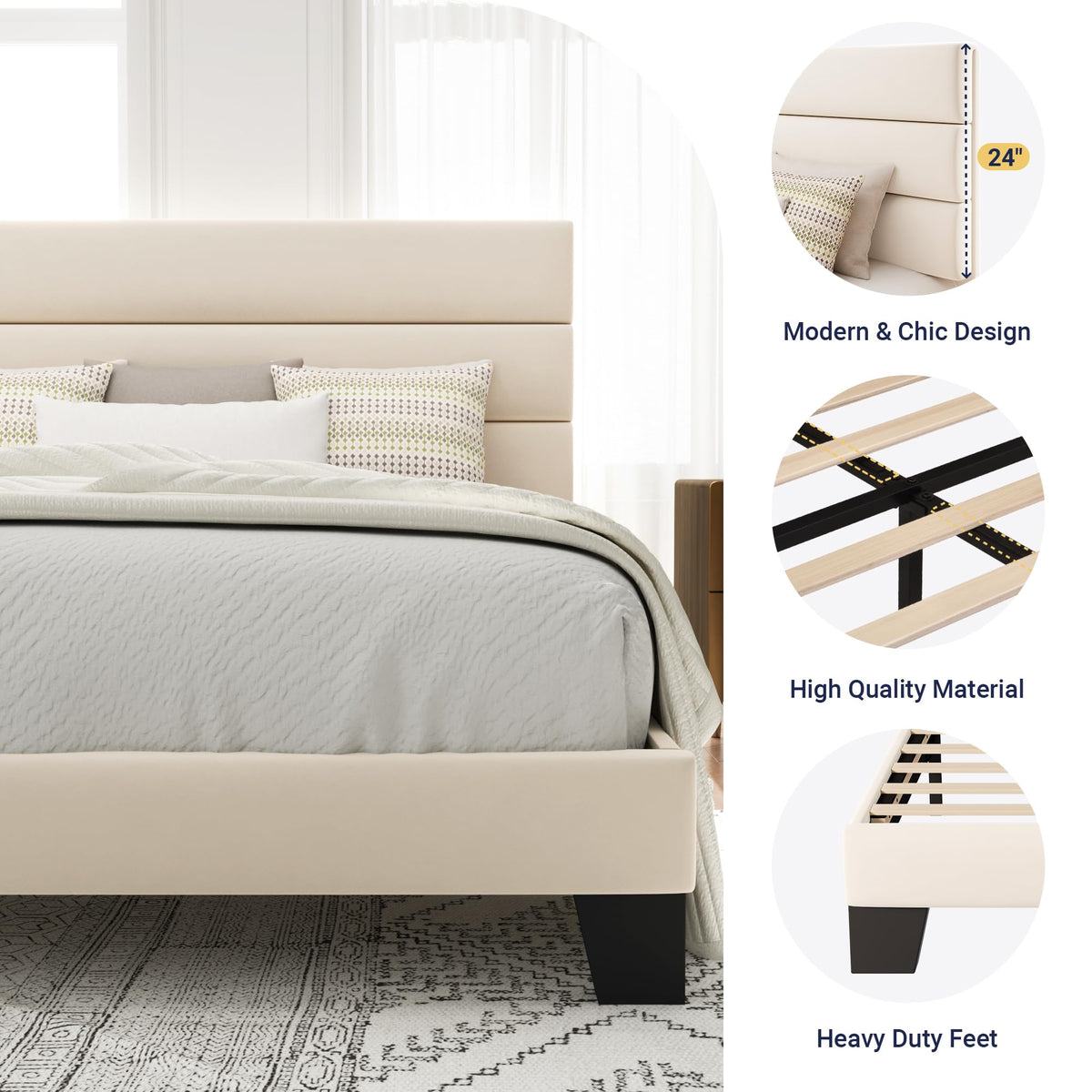 Allewie Queen Size Platform Bed Frame with Fabric Upholstered Headboard