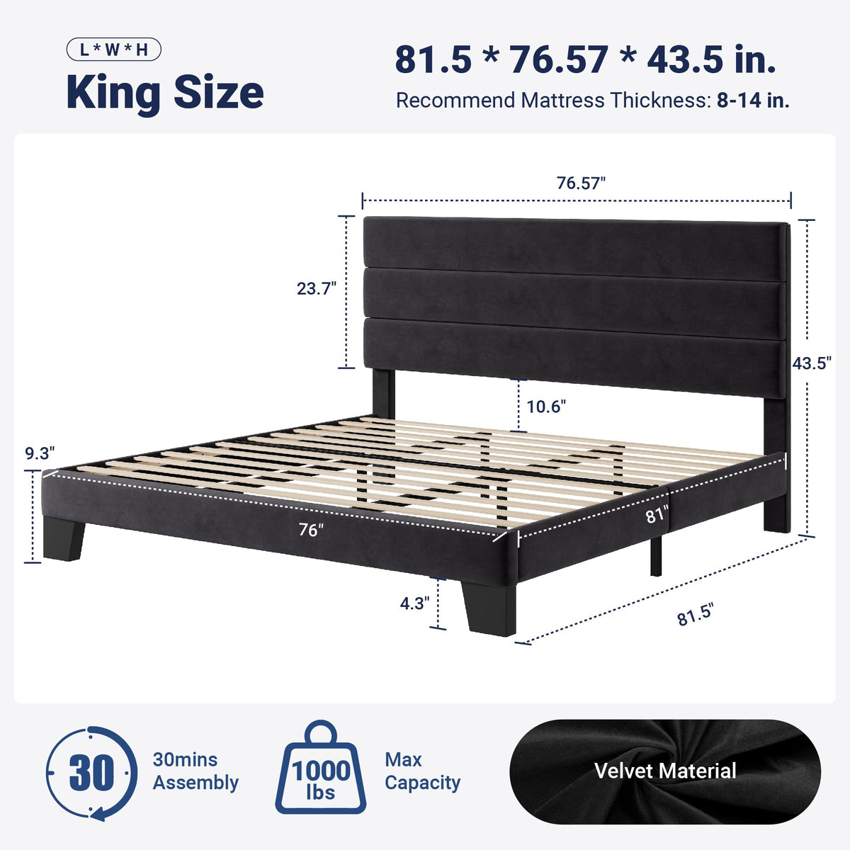 Allewie Queen Size Platform Bed Frame with Fabric Upholstered Headboard