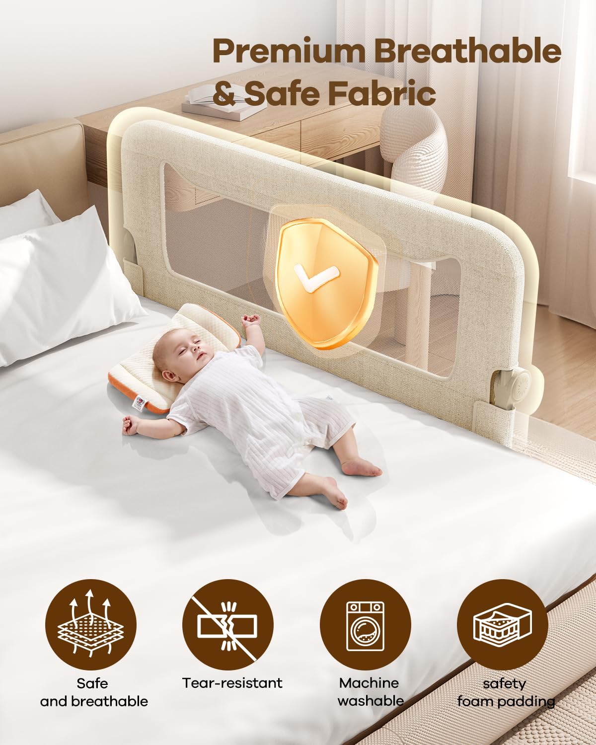 Foldable Bed Rail for Toddlers, 71in Reinforced Carbon Steel Frame&Connectors, Breathable Cationic Fabric - Safety Toddler Bed Rails for Queen, King, Twin, Full, No-Tool Setup.