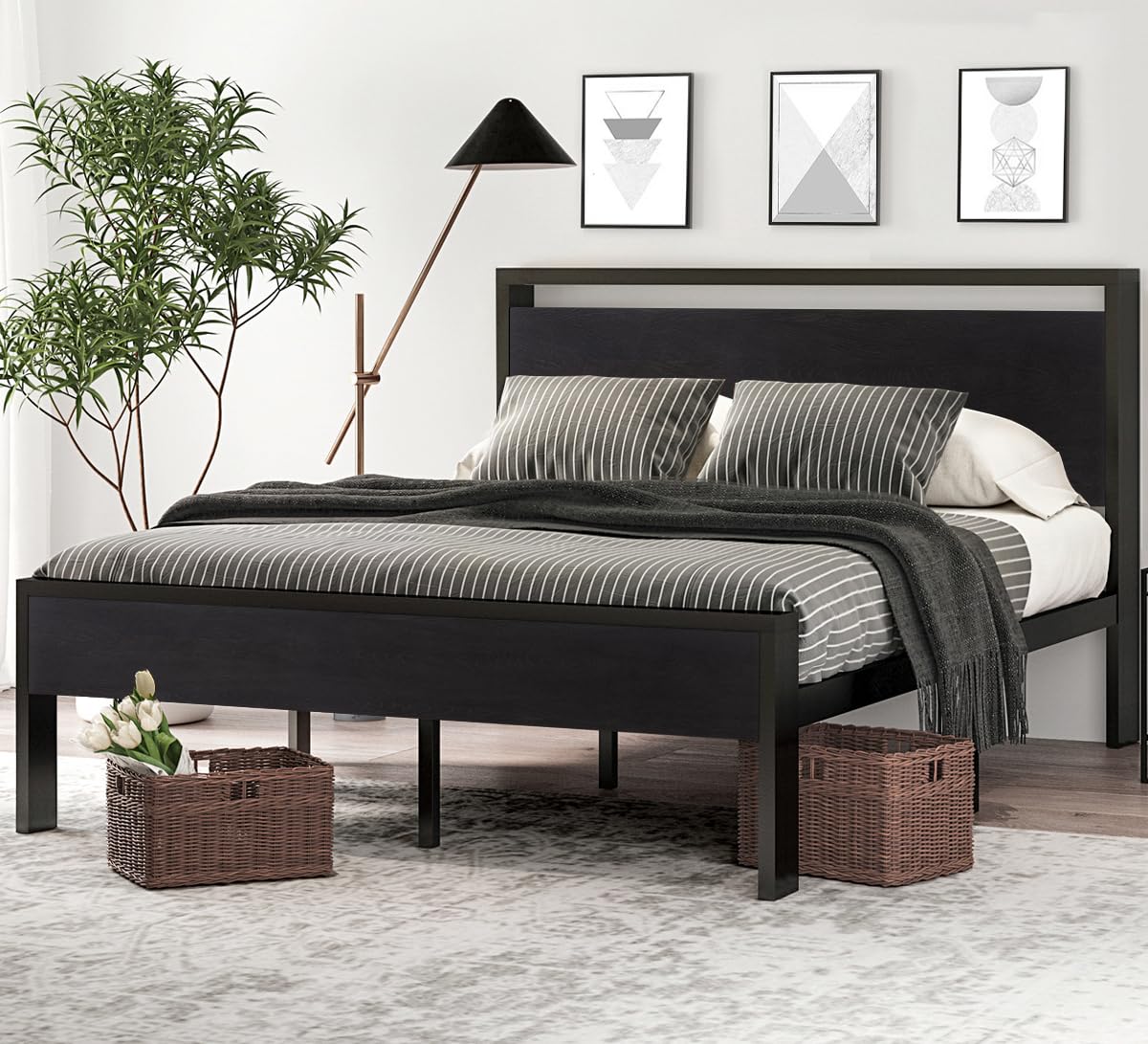 SHA CERLIN 14 Inch Queen Size Metal Platform Bed Frame with Wooden Headboard and Footboard, Mattress Foundation, No Box Spring Needed, Large Under Bed Storage, Non-Slip Without Noise, Mahogany