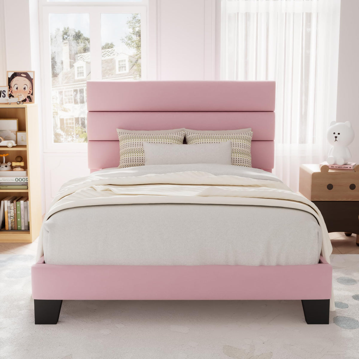 Allewie Queen Size Platform Bed Frame with Fabric Upholstered Headboard