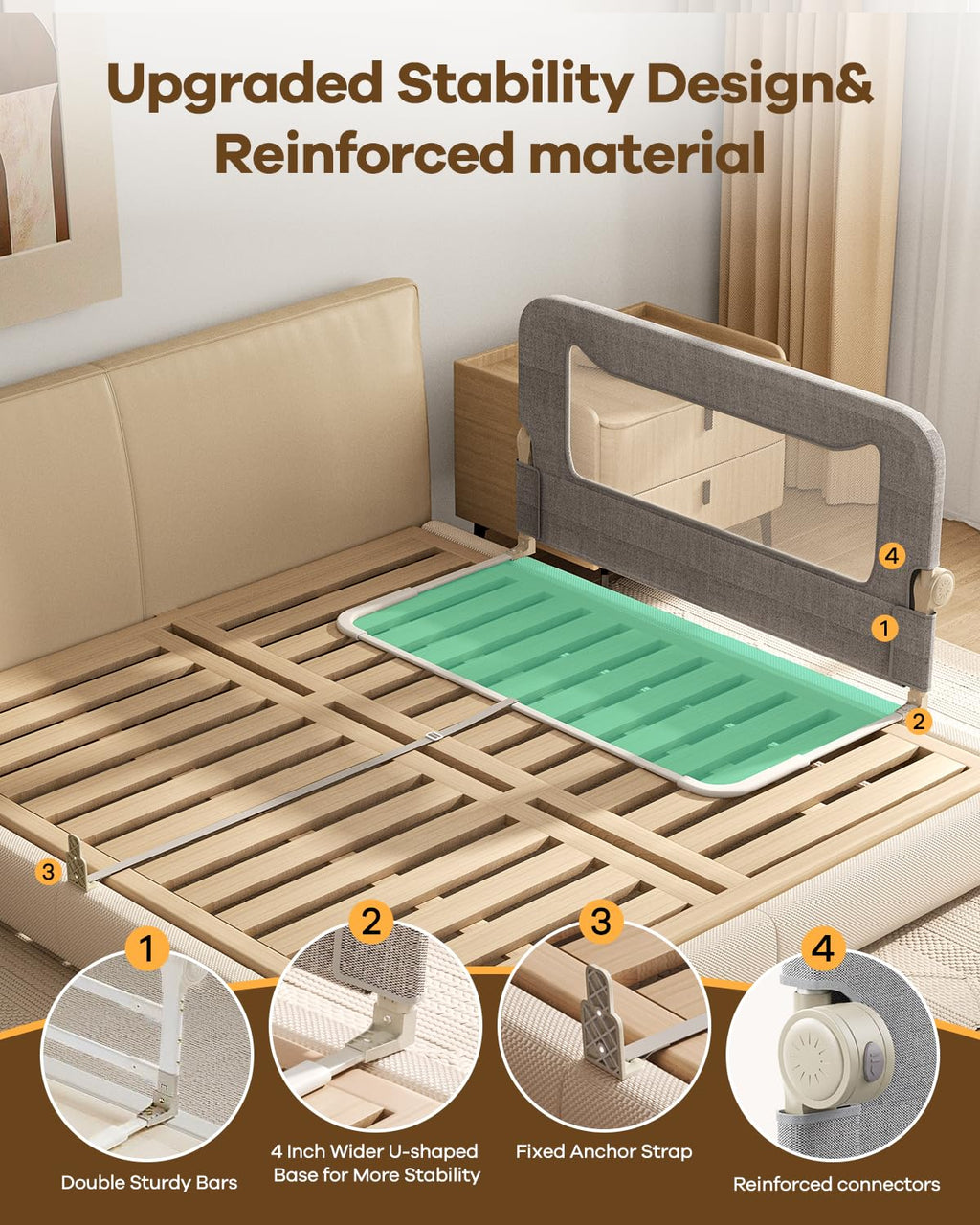 Foldable Bed Rail for Toddlers, 71in Reinforced Carbon Steel Frame&Connectors, Breathable Cationic Fabric - Safety Toddler Bed Rails for Queen, King, Twin, Full, No-Tool Setup.