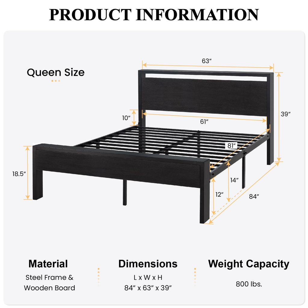 SHA CERLIN 14 Inch Queen Size Metal Platform Bed Frame with Wooden Headboard and Footboard, Mattress Foundation, No Box Spring Needed, Large Under Bed Storage, Non-Slip Without Noise, Mahogany