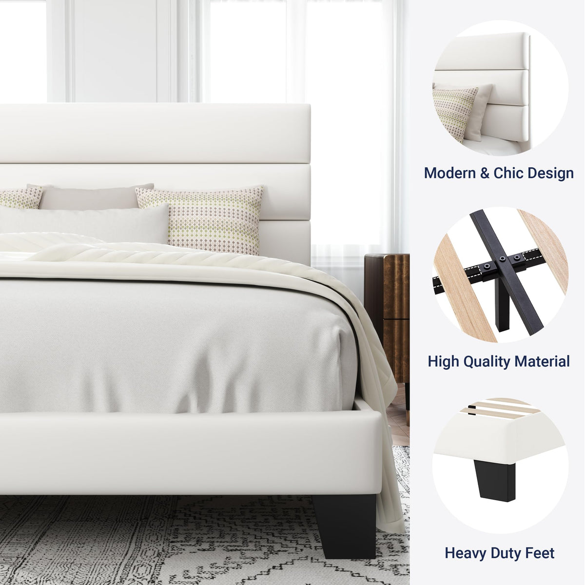 Allewie Queen Size Platform Bed Frame with Fabric Upholstered Headboard