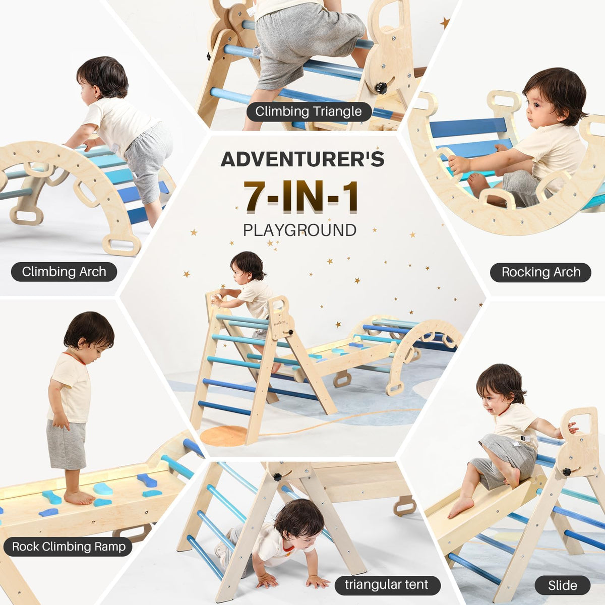 BlueWood Pikler Triangle Set with Safe Handle, Climbing Toys for 1-3 Year