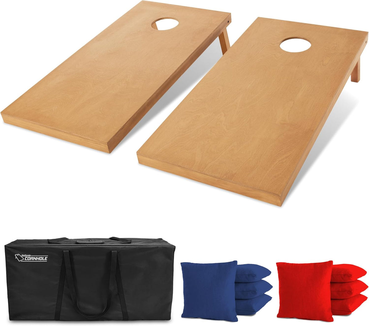 GoSports 4 ft x 2 ft Regulation Size Wooden Cornhole Boards Set with Light Brown Finish - Includes Carrying Case (Choose Your Colors)