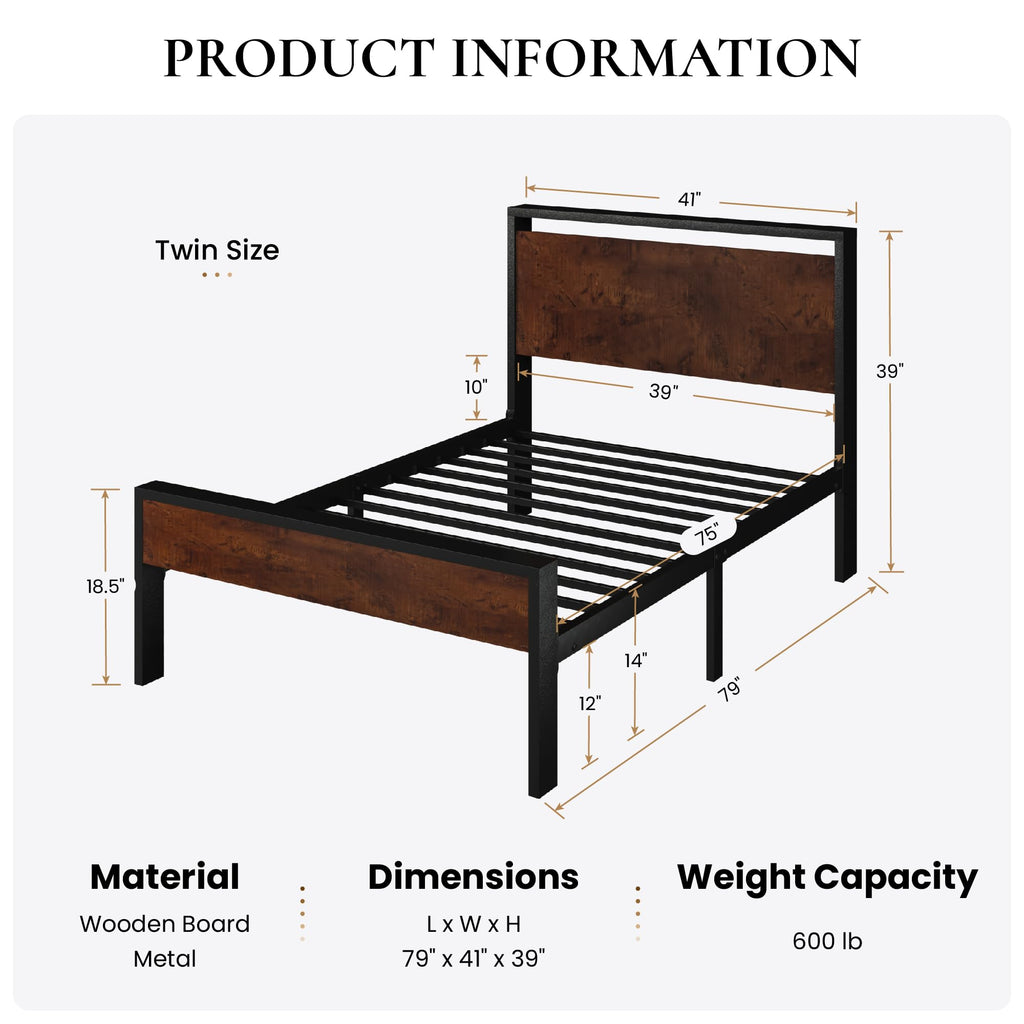 SHA CERLIN 14 Inch Queen Size Metal Platform Bed Frame with Wooden Headboard and Footboard, Mattress Foundation, No Box Spring Needed, Large Under Bed Storage, Non-Slip Without Noise, Mahogany
