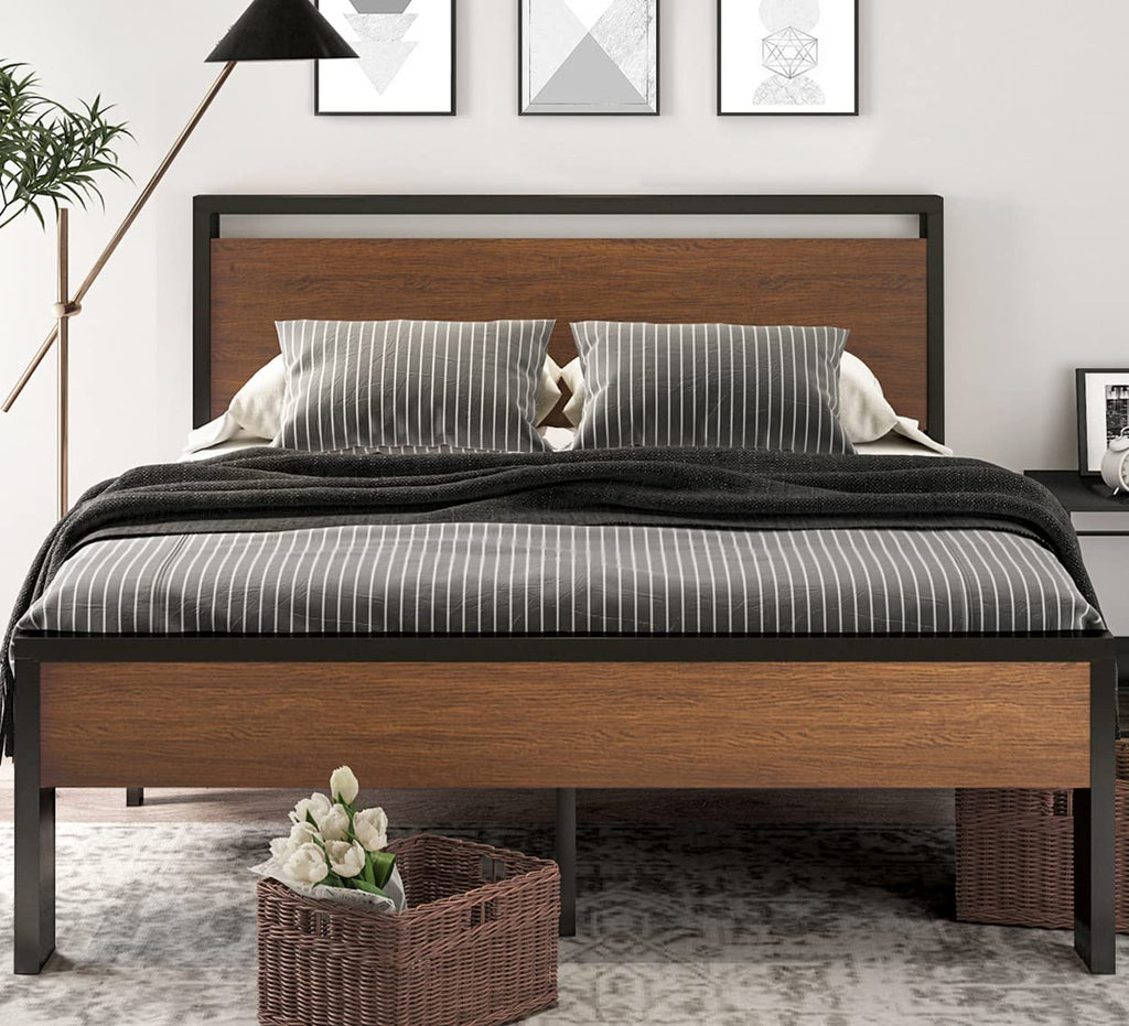 SHA CERLIN 14 Inch Queen Size Metal Platform Bed Frame with Wooden Headboard and Footboard, Mattress Foundation, No Box Spring Needed, Large Under Bed Storage, Non-Slip Without Noise, Mahogany
