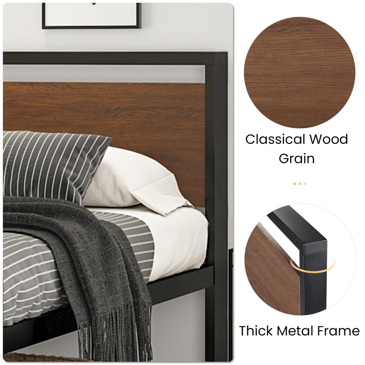 SHA CERLIN 14 Inch Queen Size Metal Platform Bed Frame with Wooden Headboard and Footboard, Mattress Foundation, No Box Spring Needed, Large Under Bed Storage, Non-Slip Without Noise, Mahogany