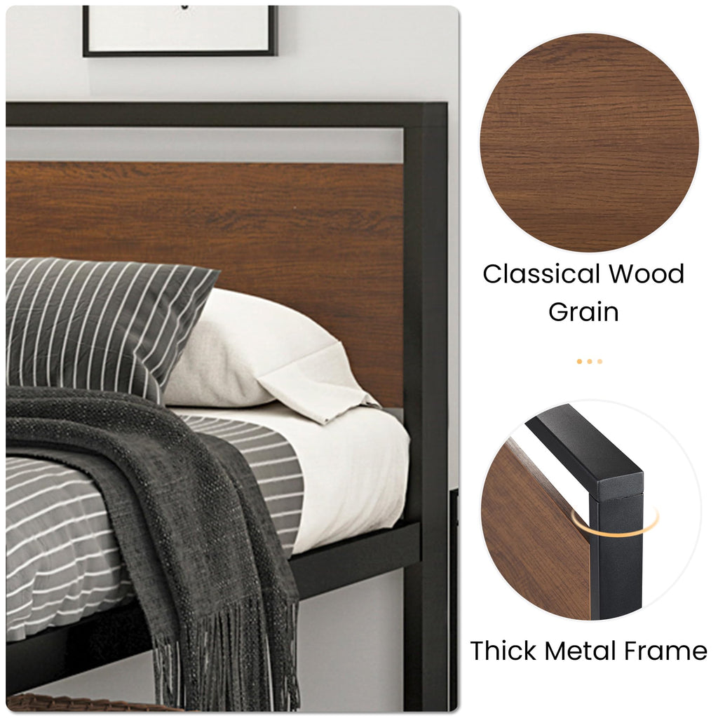 SHA CERLIN 14 Inch Queen Size Metal Platform Bed Frame with Wooden Headboard and Footboard, Mattress Foundation, No Box Spring Needed, Large Under Bed Storage, Non-Slip Without Noise, Mahogany