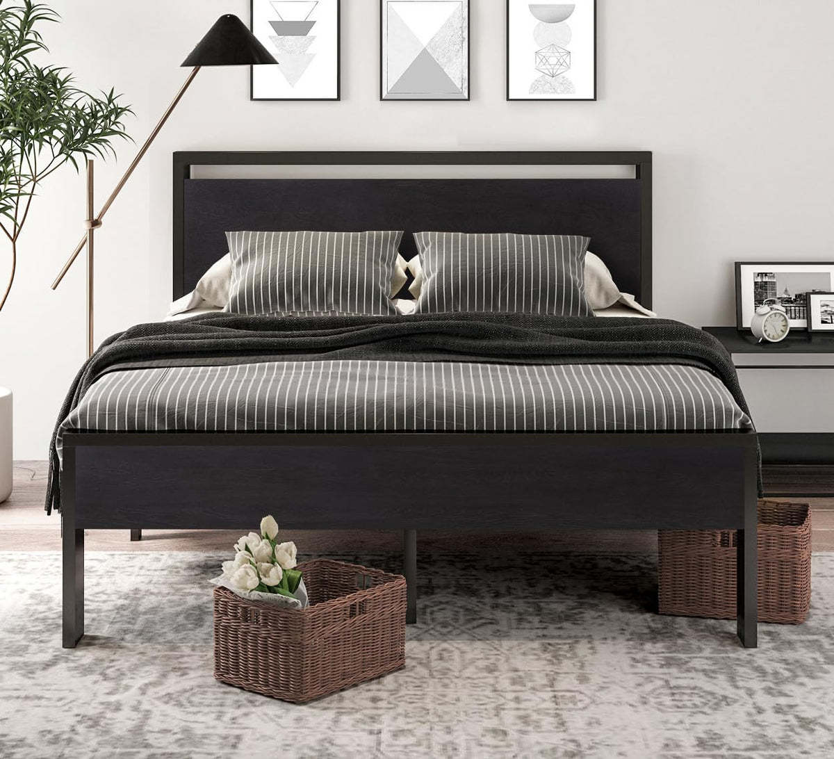 SHA CERLIN 14 Inch Queen Size Metal Platform Bed Frame with Wooden Headboard and Footboard, Mattress Foundation, No Box Spring Needed, Large Under Bed Storage, Non-Slip Without Noise, Mahogany