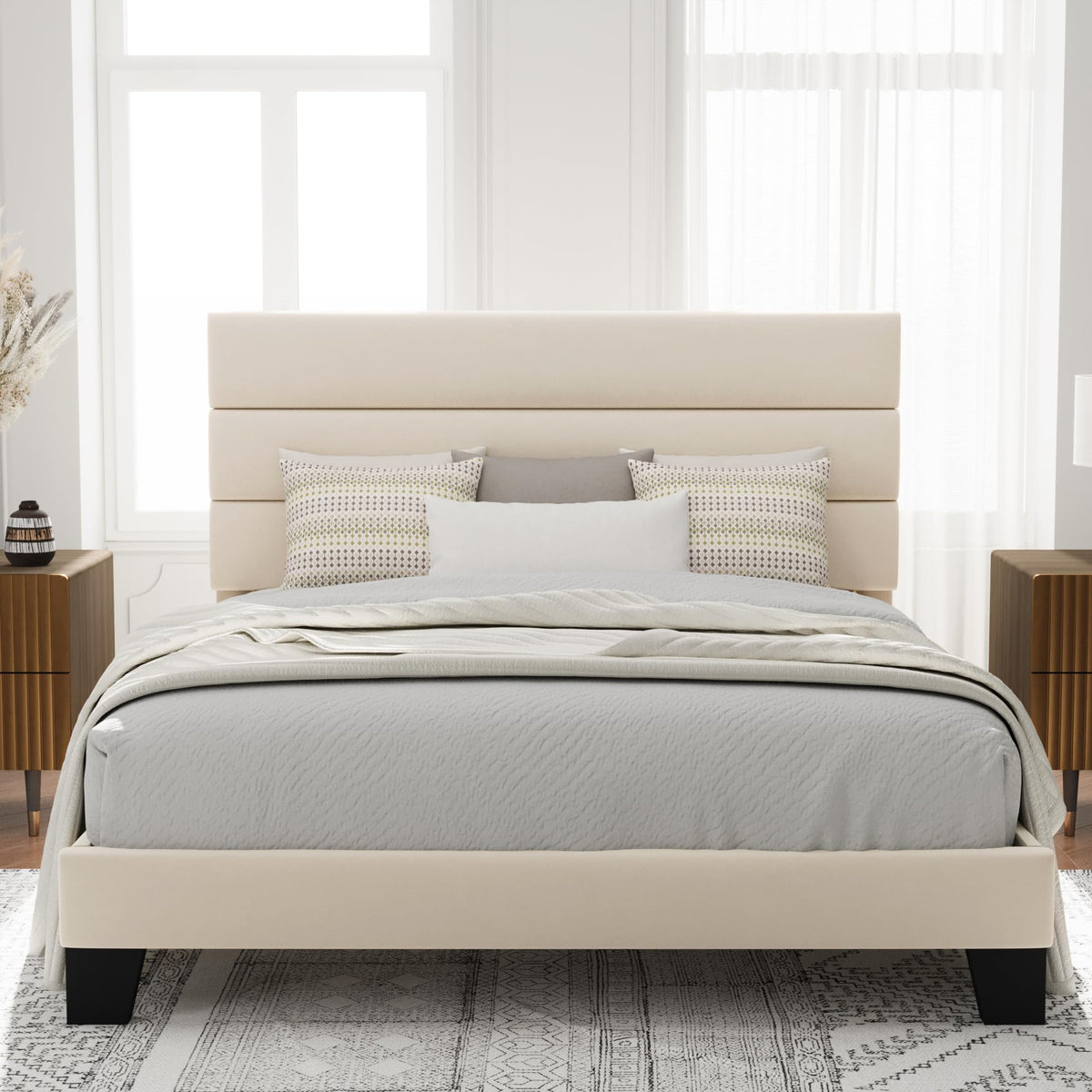 Allewie Queen Size Platform Bed Frame with Fabric Upholstered Headboard