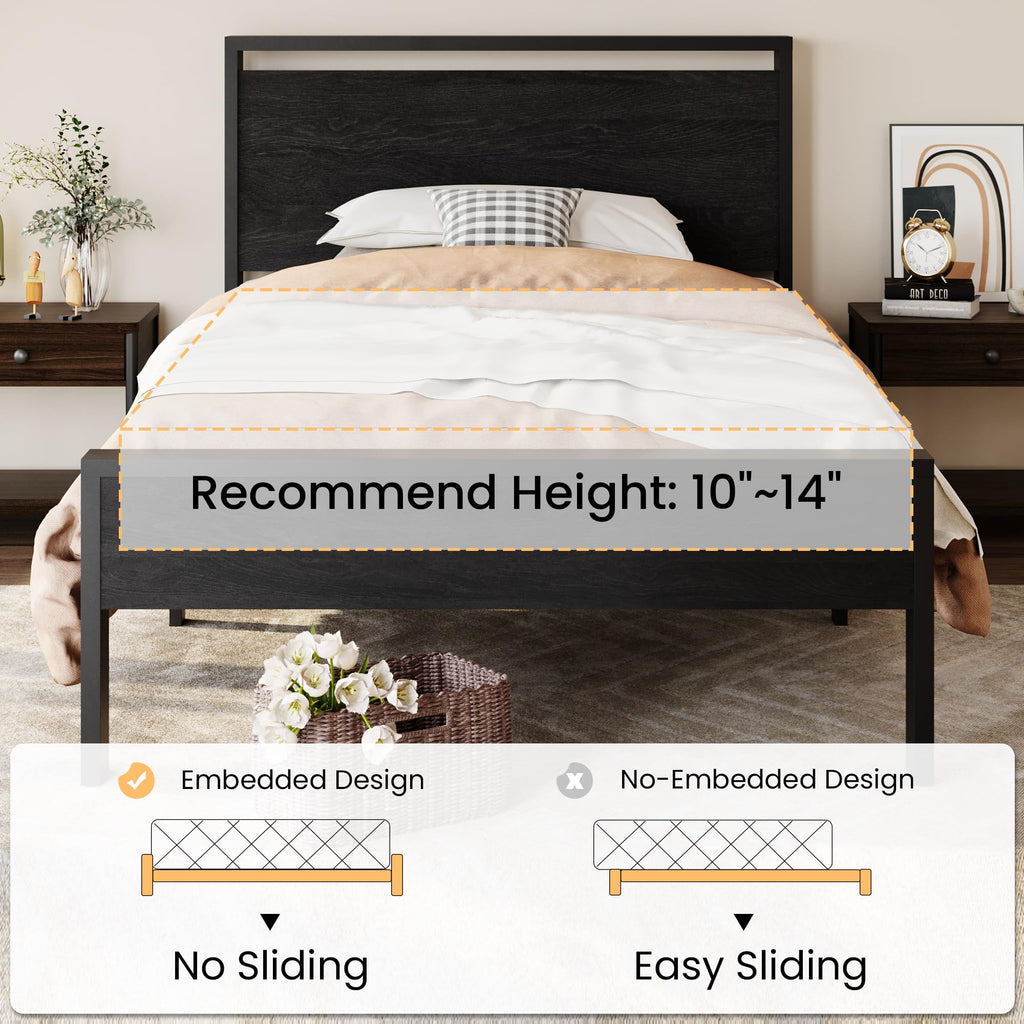 SHA CERLIN 14 Inch Queen Size Metal Platform Bed Frame with Wooden Headboard and Footboard, Mattress Foundation, No Box Spring Needed, Large Under Bed Storage, Non-Slip Without Noise, Mahogany