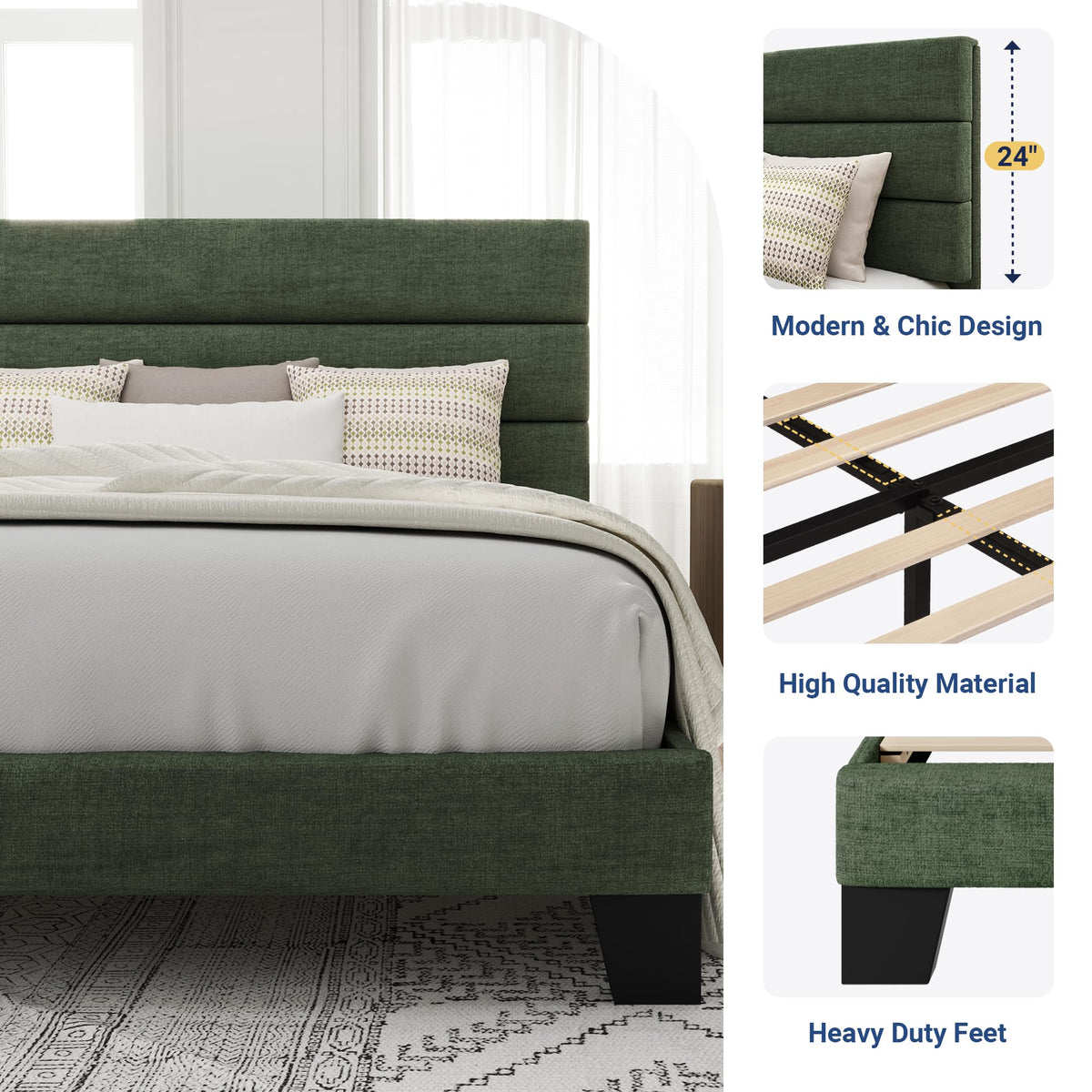 Allewie Queen Size Platform Bed Frame with Fabric Upholstered Headboard