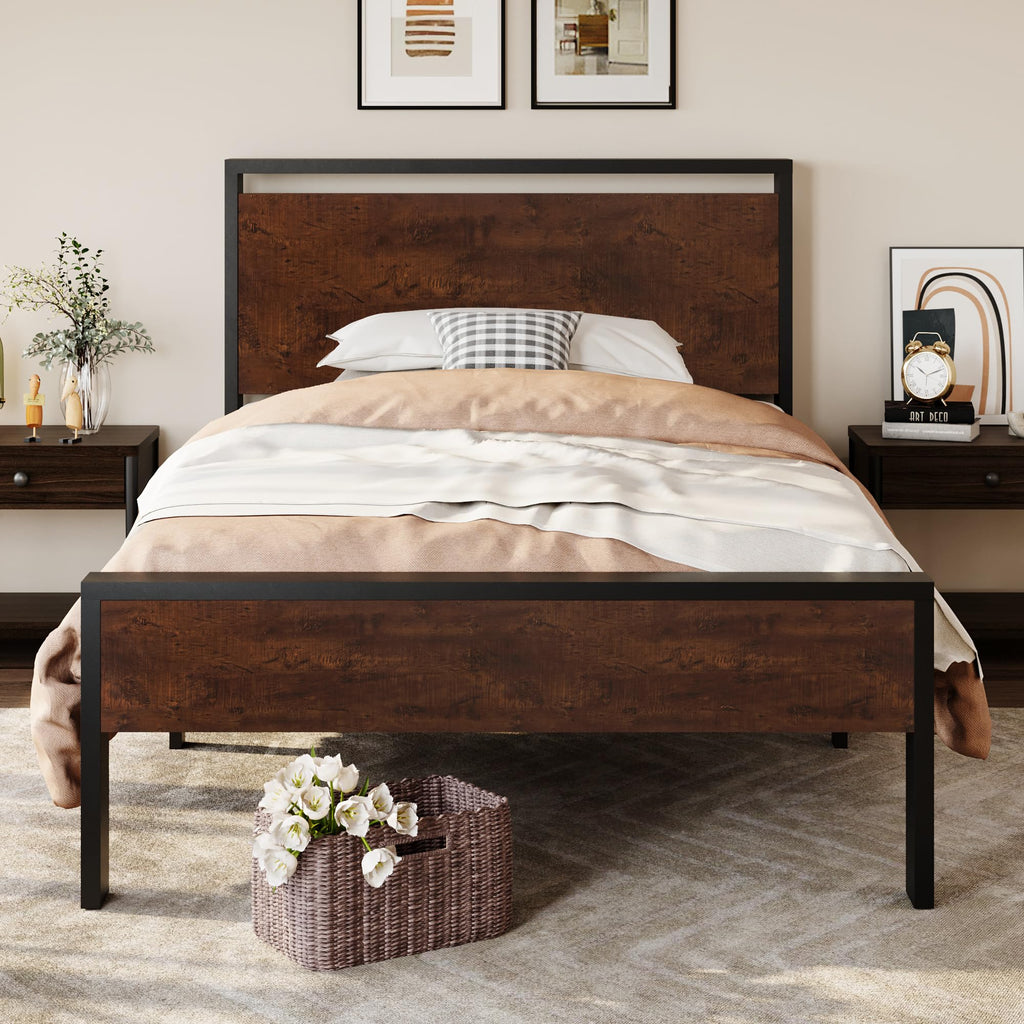 SHA CERLIN 14 Inch Queen Size Metal Platform Bed Frame with Wooden Headboard and Footboard, Mattress Foundation, No Box Spring Needed, Large Under Bed Storage, Non-Slip Without Noise, Mahogany