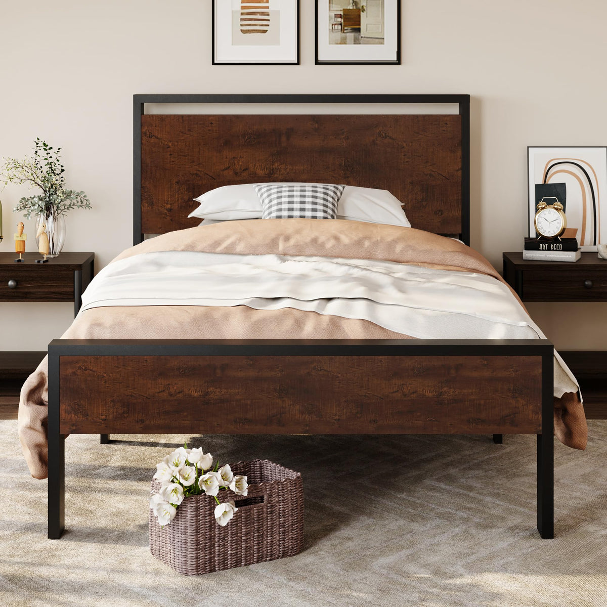 SHA CERLIN 14 Inch Queen Size Metal Platform Bed Frame with Wooden Headboard and Footboard, Mattress Foundation, No Box Spring Needed, Large Under Bed Storage, Non-Slip Without Noise, Mahogany
