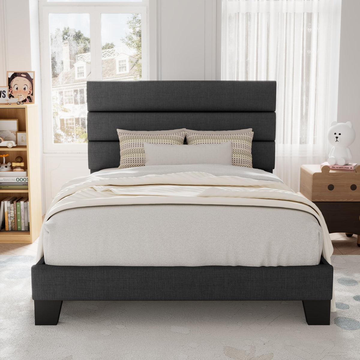 Allewie Queen Size Platform Bed Frame with Fabric Upholstered Headboard