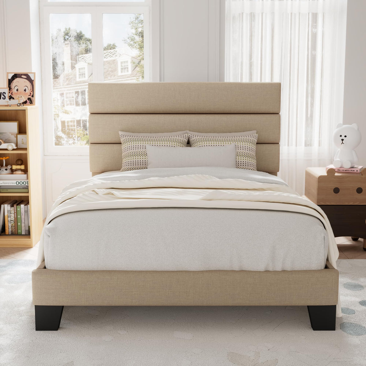 Allewie Queen Size Platform Bed Frame with Fabric Upholstered Headboard