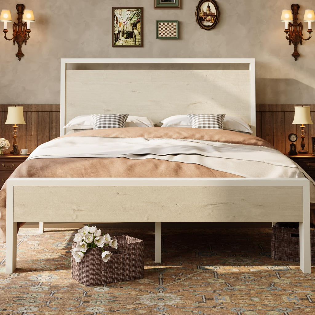 SHA CERLIN 14 Inch Queen Size Metal Platform Bed Frame with Wooden Headboard and Footboard, Mattress Foundation, No Box Spring Needed, Large Under Bed Storage, Non-Slip Without Noise, Mahogany