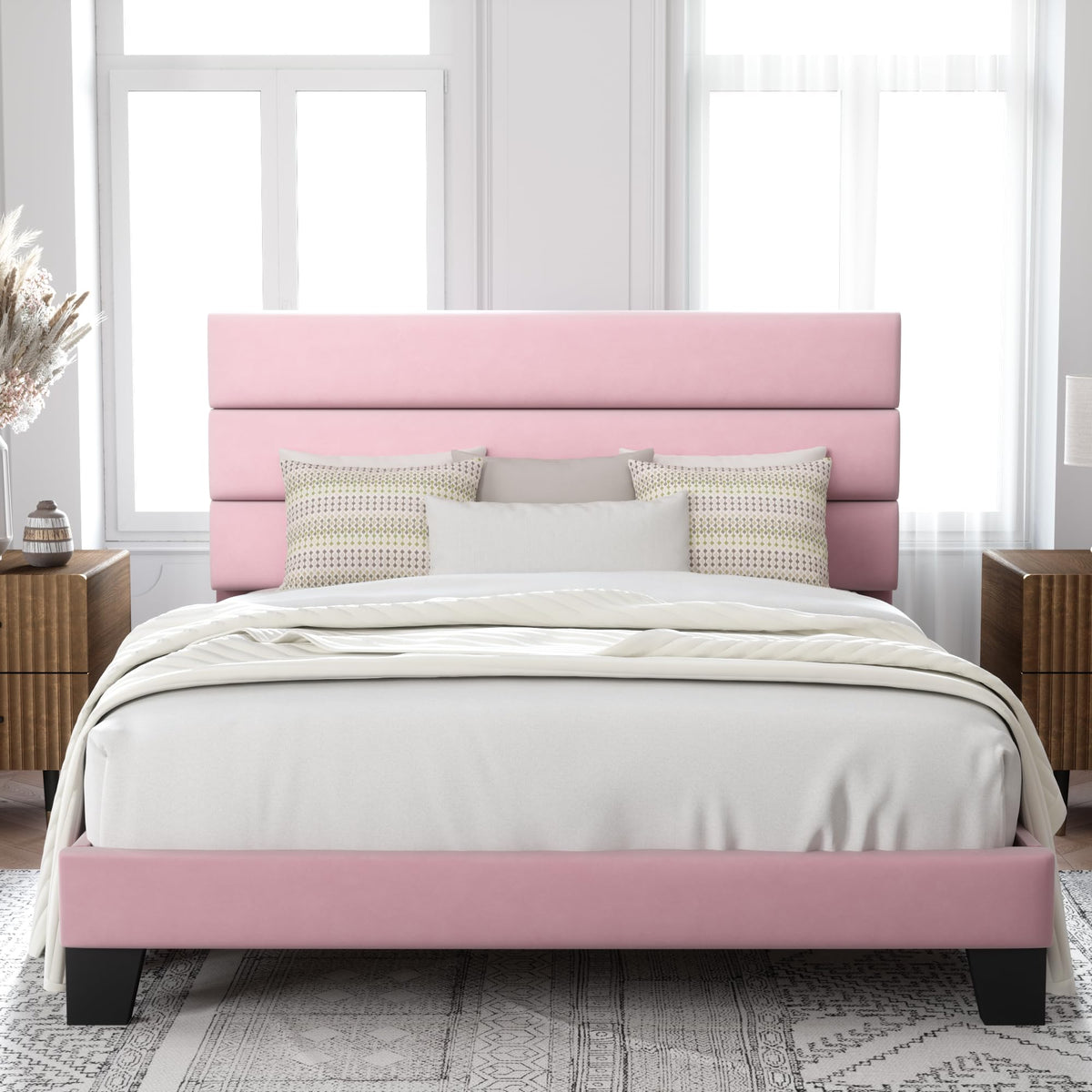 Allewie Queen Size Platform Bed Frame with Fabric Upholstered Headboard