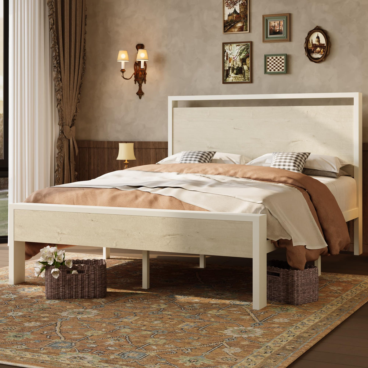 SHA CERLIN 14 Inch Queen Size Metal Platform Bed Frame with Wooden Headboard and Footboard, Mattress Foundation, No Box Spring Needed, Large Under Bed Storage, Non-Slip Without Noise, Mahogany