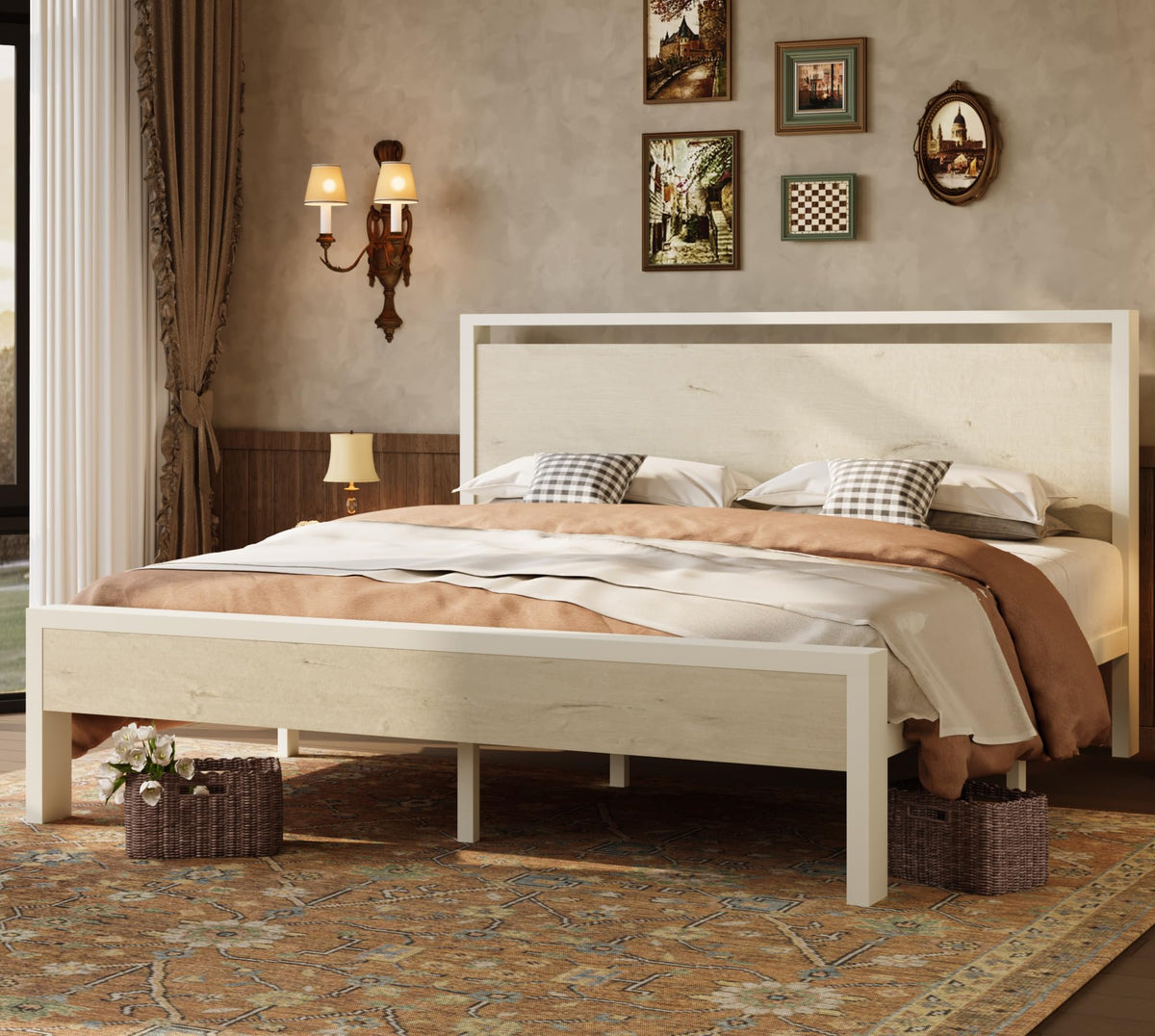SHA CERLIN 14 Inch Queen Size Metal Platform Bed Frame with Wooden Headboard and Footboard, Mattress Foundation, No Box Spring Needed, Large Under Bed Storage, Non-Slip Without Noise, Mahogany