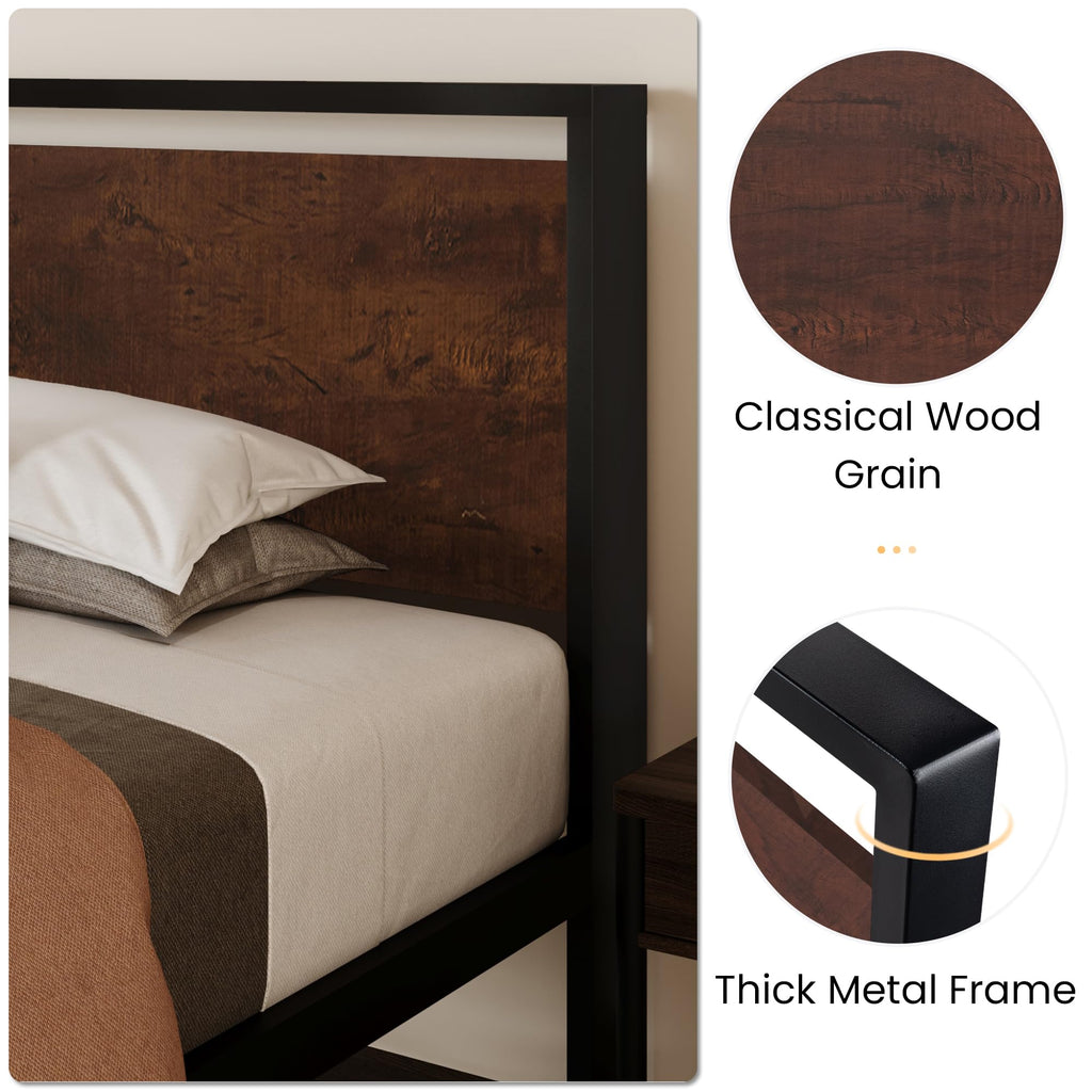 SHA CERLIN 14 Inch Queen Size Metal Platform Bed Frame with Wooden Headboard and Footboard, Mattress Foundation, No Box Spring Needed, Large Under Bed Storage, Non-Slip Without Noise, Mahogany