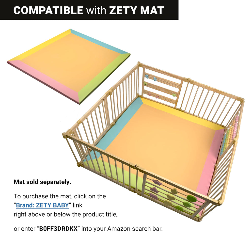 ZETY Natural Wood Baby Playpen, 10 Panel Foldable Play Yard, Door & Toys