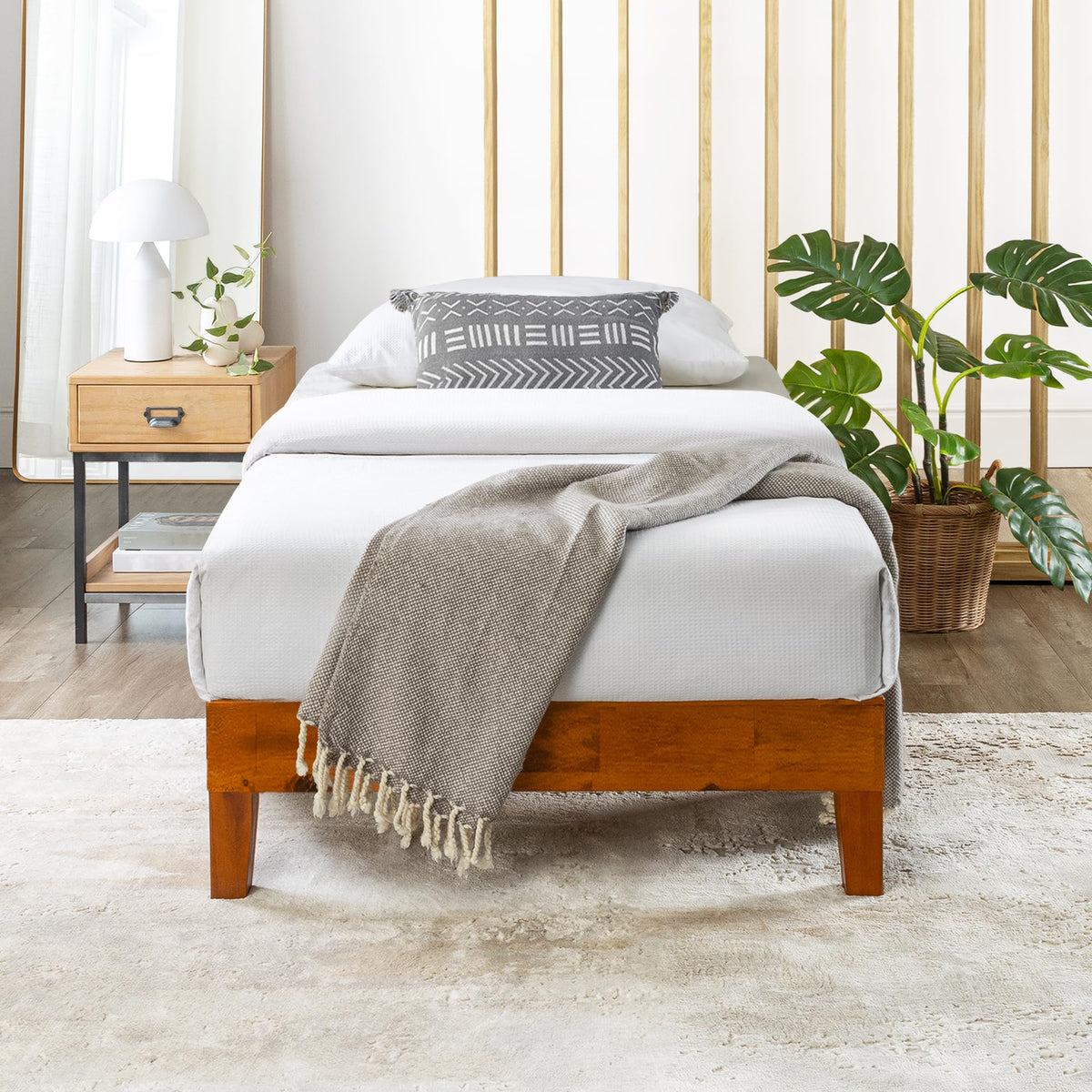 Mellow Naturalista Classic - 12 Inch Solid Wood Platform Bed with Wooden Slats, No Box Spring Needed, Easy Assembly, Queen, Pine