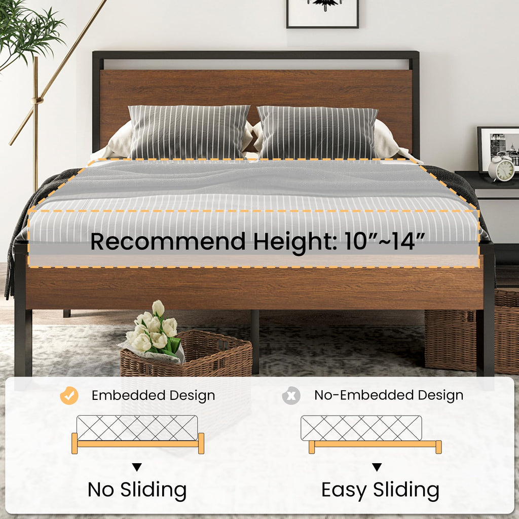 SHA CERLIN 14 Inch Queen Size Metal Platform Bed Frame with Wooden Headboard and Footboard, Mattress Foundation, No Box Spring Needed, Large Under Bed Storage, Non-Slip Without Noise, Mahogany