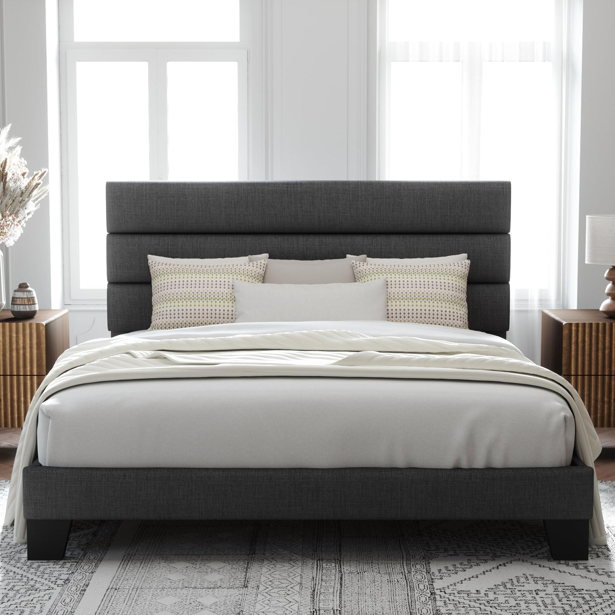 Allewie Queen Size Platform Bed Frame with Fabric Upholstered Headboard