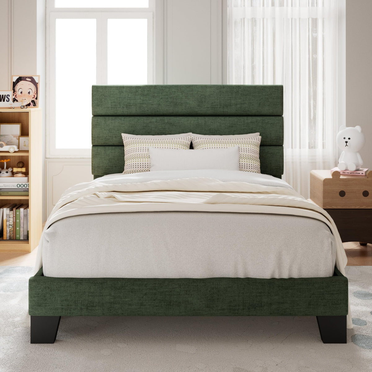 Allewie Queen Size Platform Bed Frame with Fabric Upholstered Headboard
