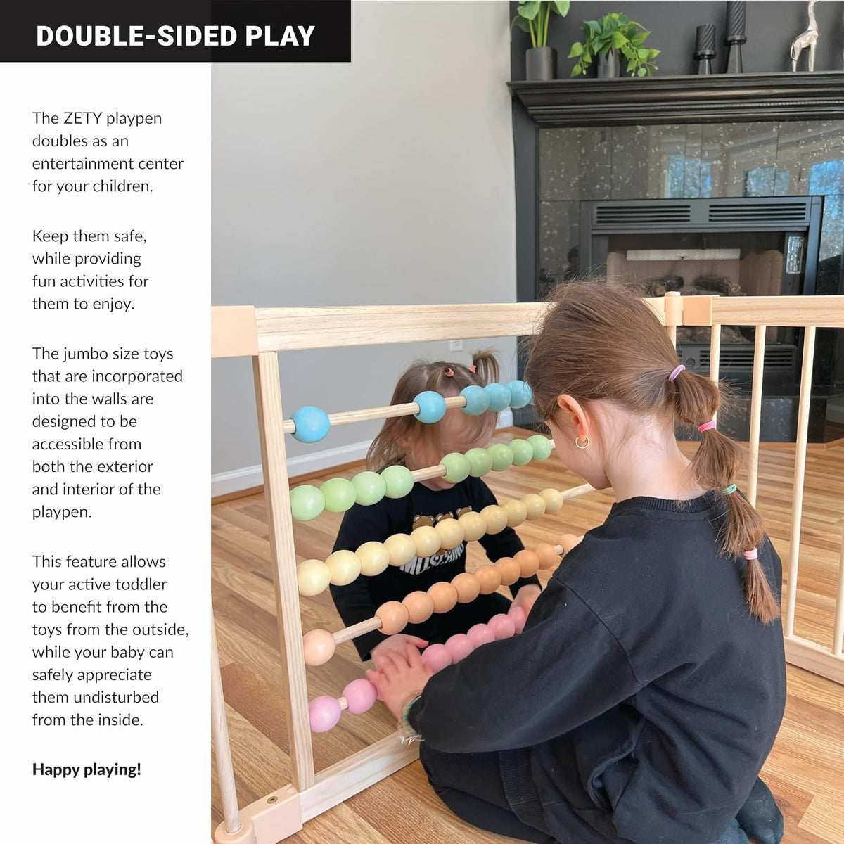 ZETY Natural Wood Baby Playpen, 10 Panel Foldable Play Yard, Door & Toys