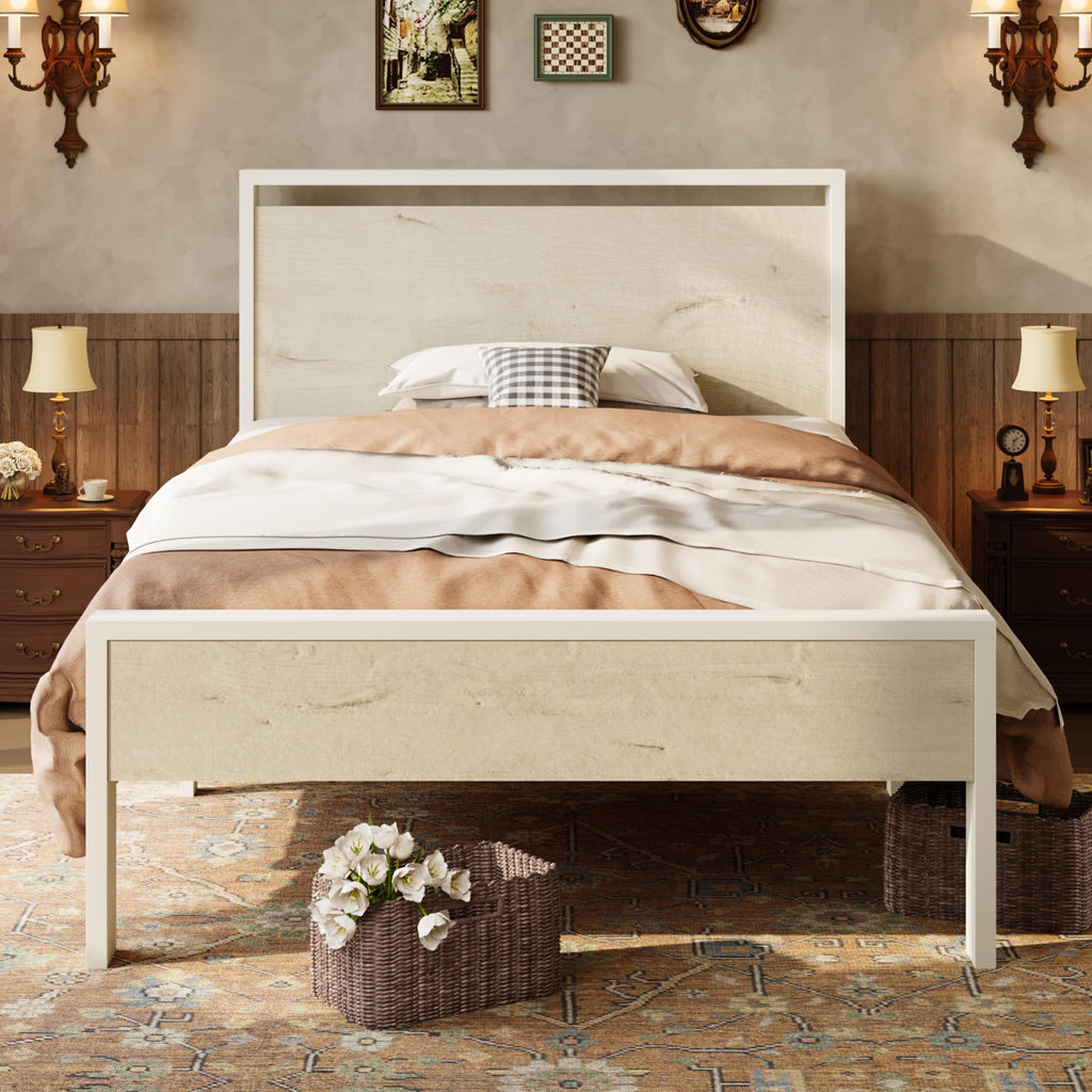 SHA CERLIN 14 Inch Queen Size Metal Platform Bed Frame with Wooden Headboard and Footboard, Mattress Foundation, No Box Spring Needed, Large Under Bed Storage, Non-Slip Without Noise, Mahogany