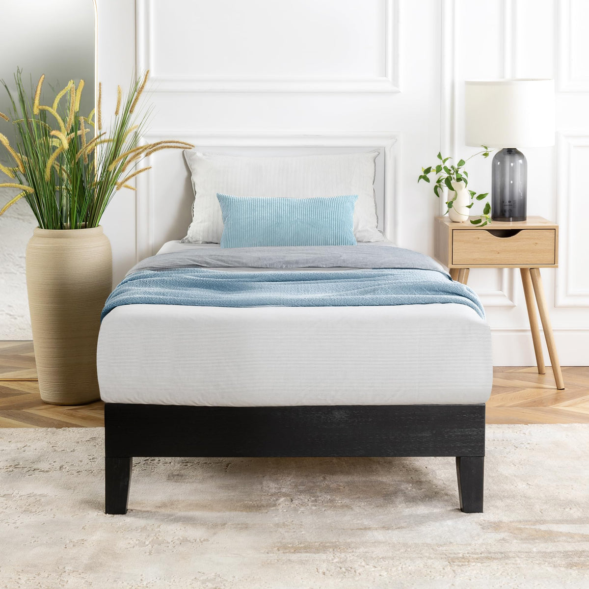 Mellow Naturalista Classic - 12 Inch Solid Wood Platform Bed with Wooden Slats, No Box Spring Needed, Easy Assembly, Queen, Pine
