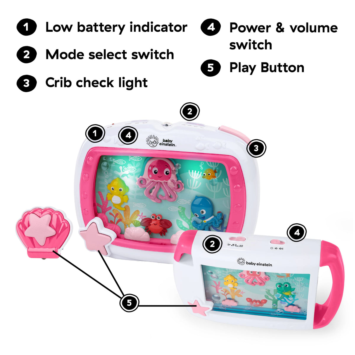 Baby Einstein Sea Dreams Soother Musical Crib Toy and Sound Machine, Pink, Newborn and up
